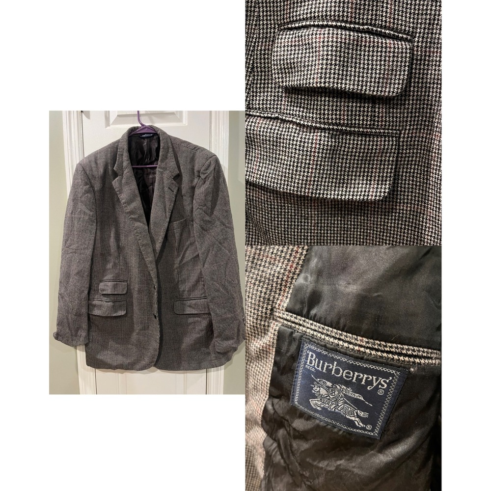 Vintage Burberrys Prorsum Mens Houndstooth Plaid Blazer Sport Coat Grey Red